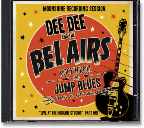 The front cover of the new CD “Live at the Highline Studios” Part One - Moonshine Recording Session shows a yellow background with a red dot in front of it. In front of it, in black lettering, is written Dee Dee and the Bel Airs Rock ‘n’ Roll and Jump Blues 40s and 50s Vibes and the album name.