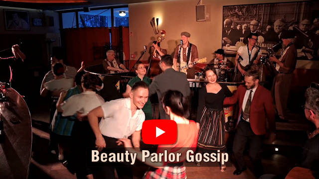 The image shows dancers in front of a stage with a band. Below is the song title "Beauty Parlor Gossip" with the YouTube logo above it.