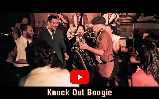 One can see dancers dancing in front of a stage with a band. Right in their middle a saxophone player plays a solo. Below it is the song title 'Sway' with the YouTube logo above it.