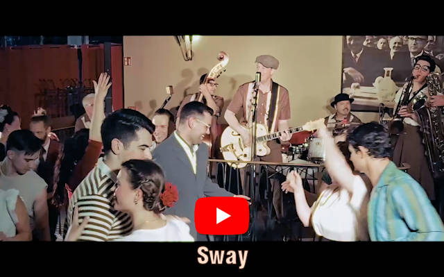 One can see dancers dancing in front of a stage with a band. Below it is the song title 'Sway' with the YouTube logo above it.